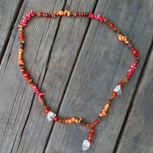 Coral Tigers Eye Quartz Crystal Necklace